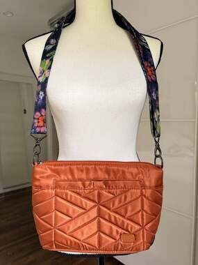 Lug Flare Quilted Crossbody Bag in Copper Brown with Floral Strap